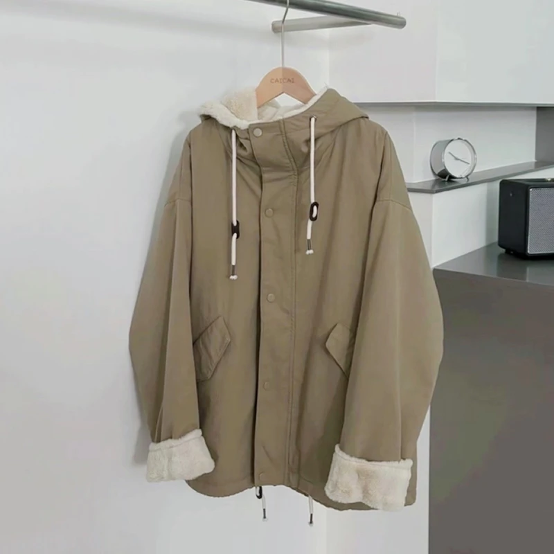 冬季韩系复古连帽加绒保暖防风保暖休闲加厚棉服外套宽松 5352