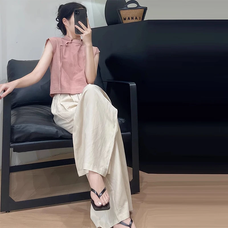 新中式国风粉色旗袍衬衫女夏季2025年新款别致无袖上衣设计感小众