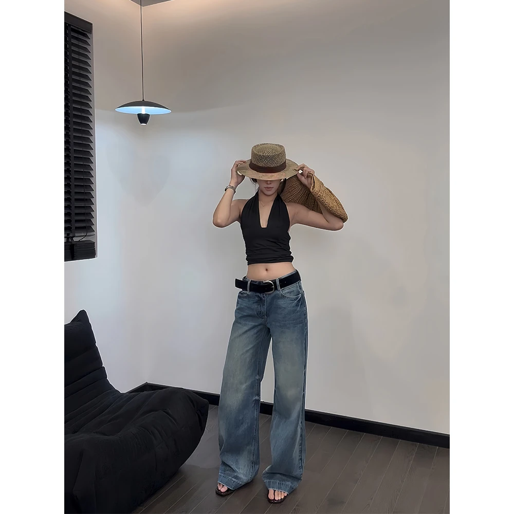 IFMR夏季低腰显瘦直筒阔腿牛仔裤女2025爆款小众设计感阔腿裤子