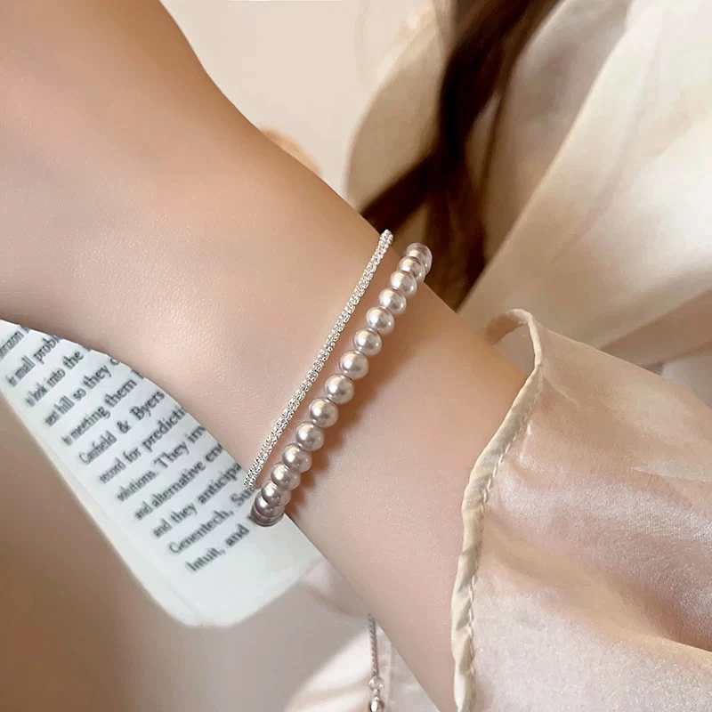 铜合金手链 双层叠戴珍珠锆石手链女款轻奢小众精致串珠闺蜜手串