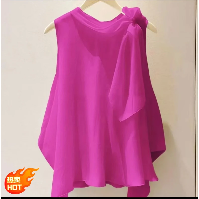 独特漂亮洋气高端别致小衫法式上衣玫红色无袖衬衫2025新款女夏季