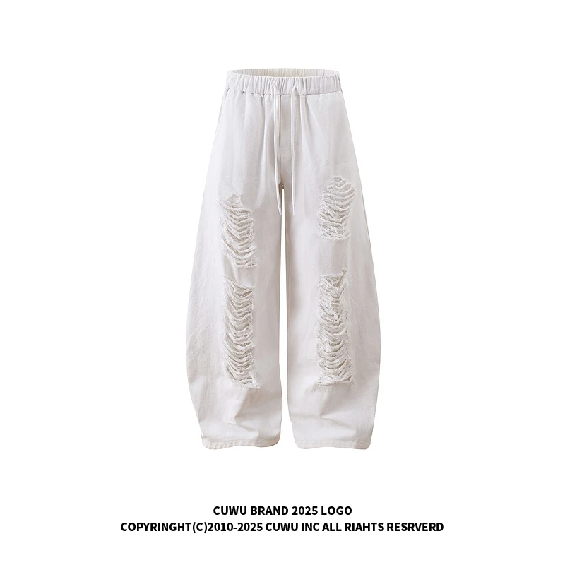 cuwu白色破洞休闲裤女男夏季美式高街宽松显瘦阔腿裤抽绳弯刀裤子