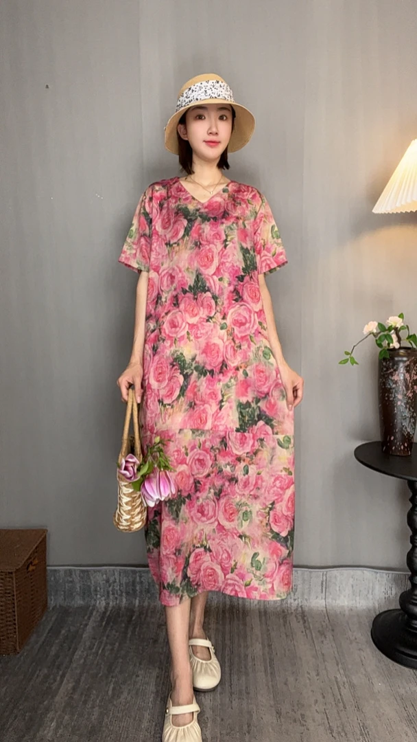 长裙夏季新款遮肉显瘦透气清爽气质百搭茧型印花休闲宽松连衣裙