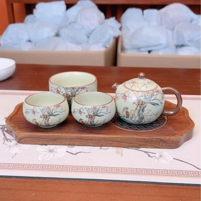 链接汝窑雀上枝头龙蛋茶壶+三杯+茶盘E998