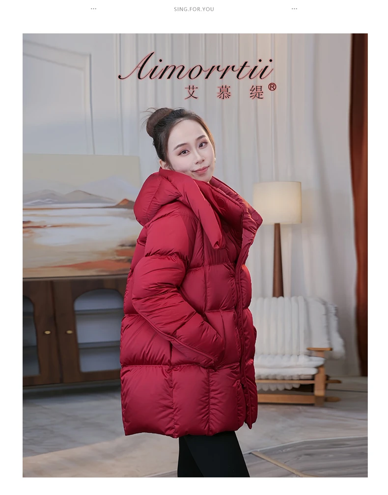 25新款塔夫绸珠光缎面95新国标白鹅绒服帽子可拆中长羽绒服YR837