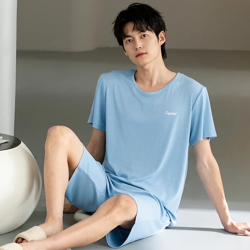 浪莎夏季男款睡衣凉感短袖短裤青年男士夏天薄款大码家居服套装G