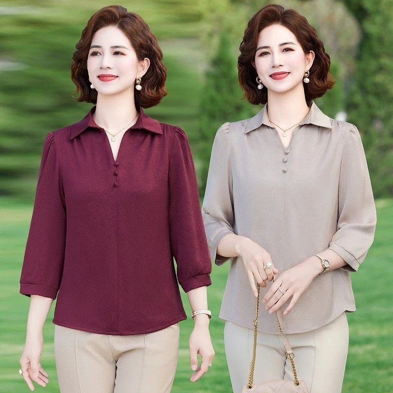 2025新款妈妈装衬衫长袖翻领洋气雪纺小衫时尚百搭中老年女装t恤