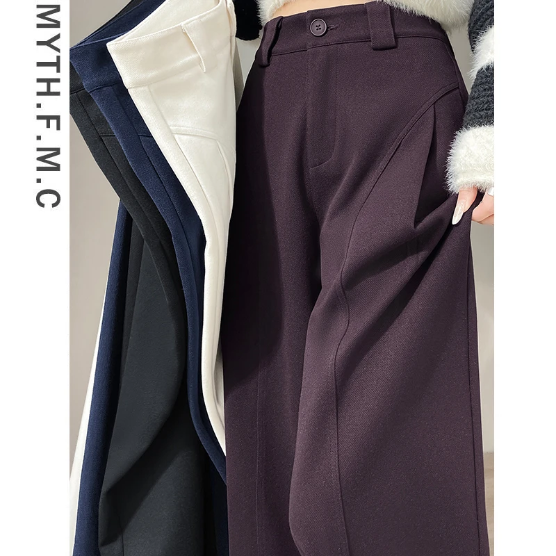紫色毛呢西装裤子女秋冬季2025新款爆款时尚气质高腰直筒阔腿裤