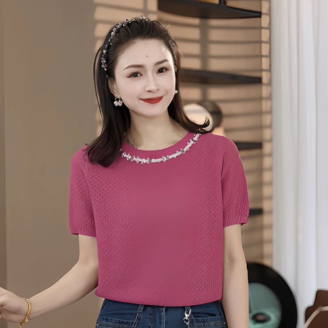 DHR COLLECTTIONS豆豆【】夏季薄款圆领针织衫上衣女-D7502