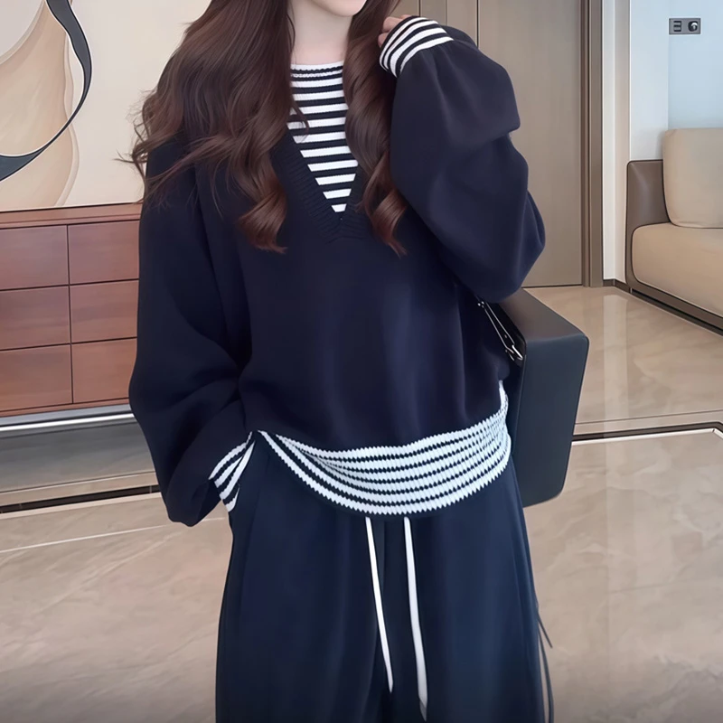 条纹拼接假两件毛衣针织衫女2025新款秋季慵懒风巨好看长袖上衣女