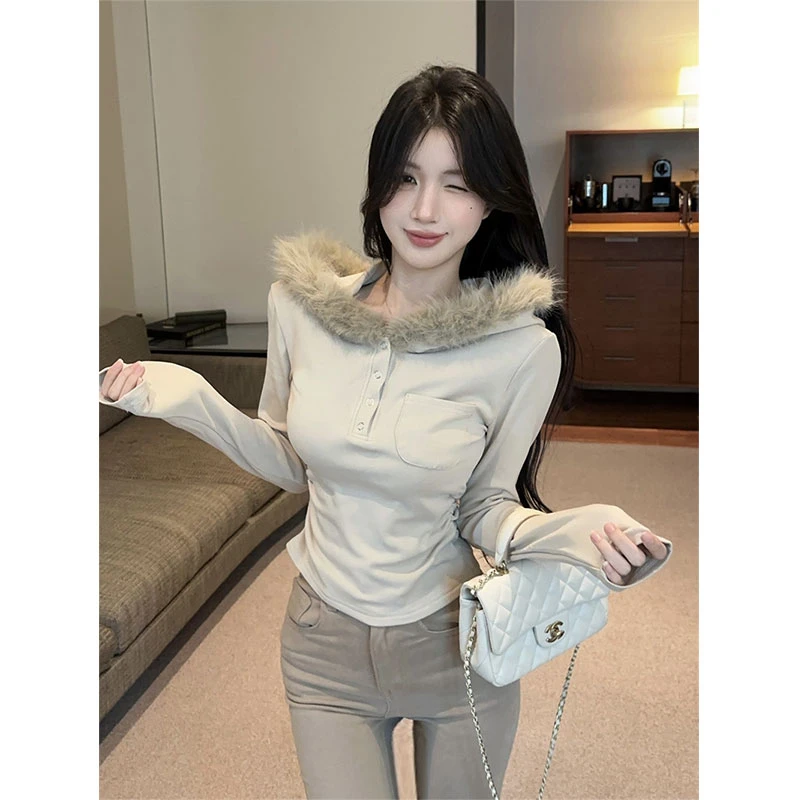 2025秋冬季新款纯欲韩版加绒连帽毛领长袖修身显瘦上衣配裤子套装
