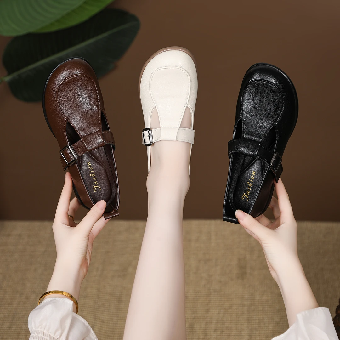 2025秋季圆头真皮低跟单鞋复古通勤休闲时尚软底玛丽珍女士皮鞋