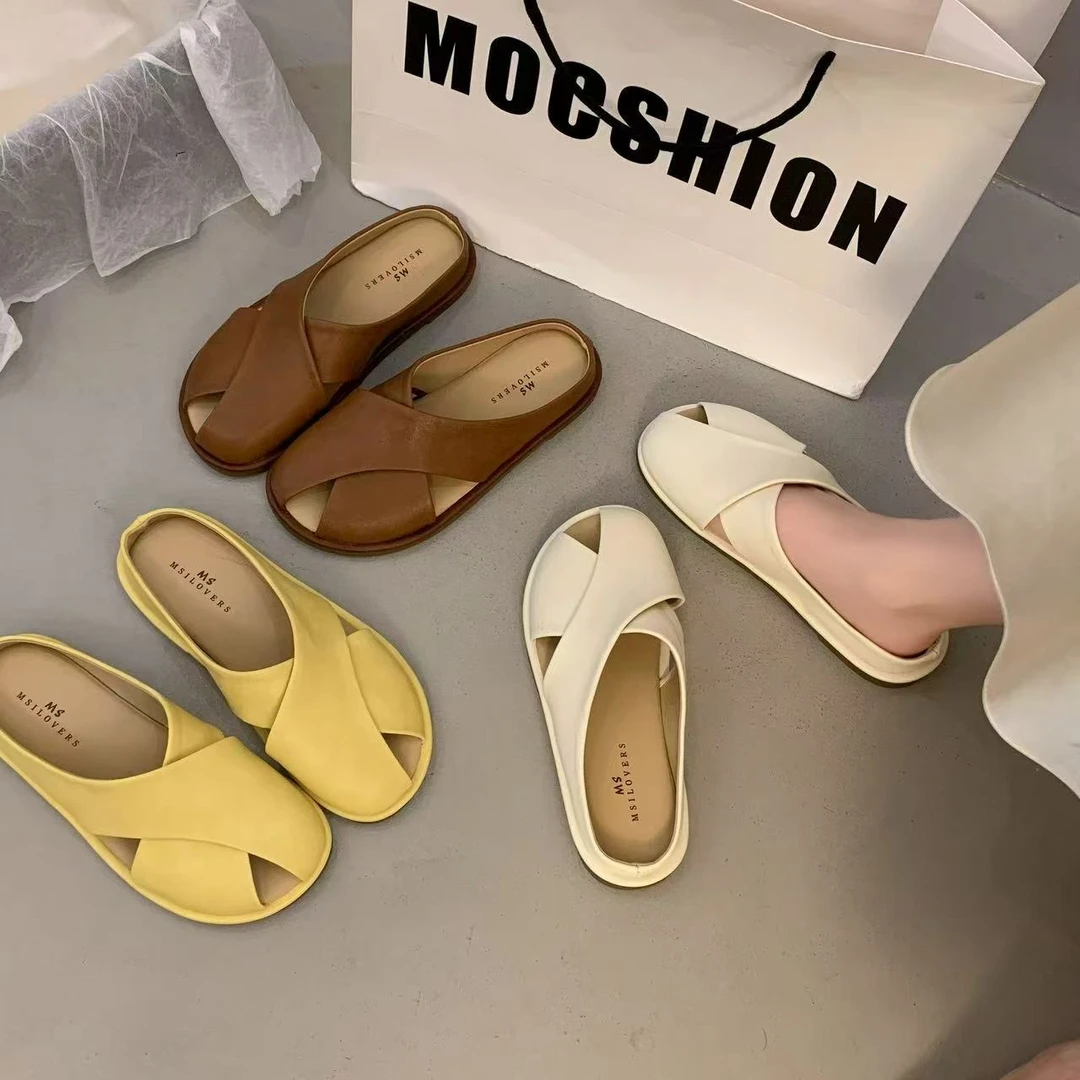 新款韩版简约纯色时尚鱼嘴包头半拖X252849