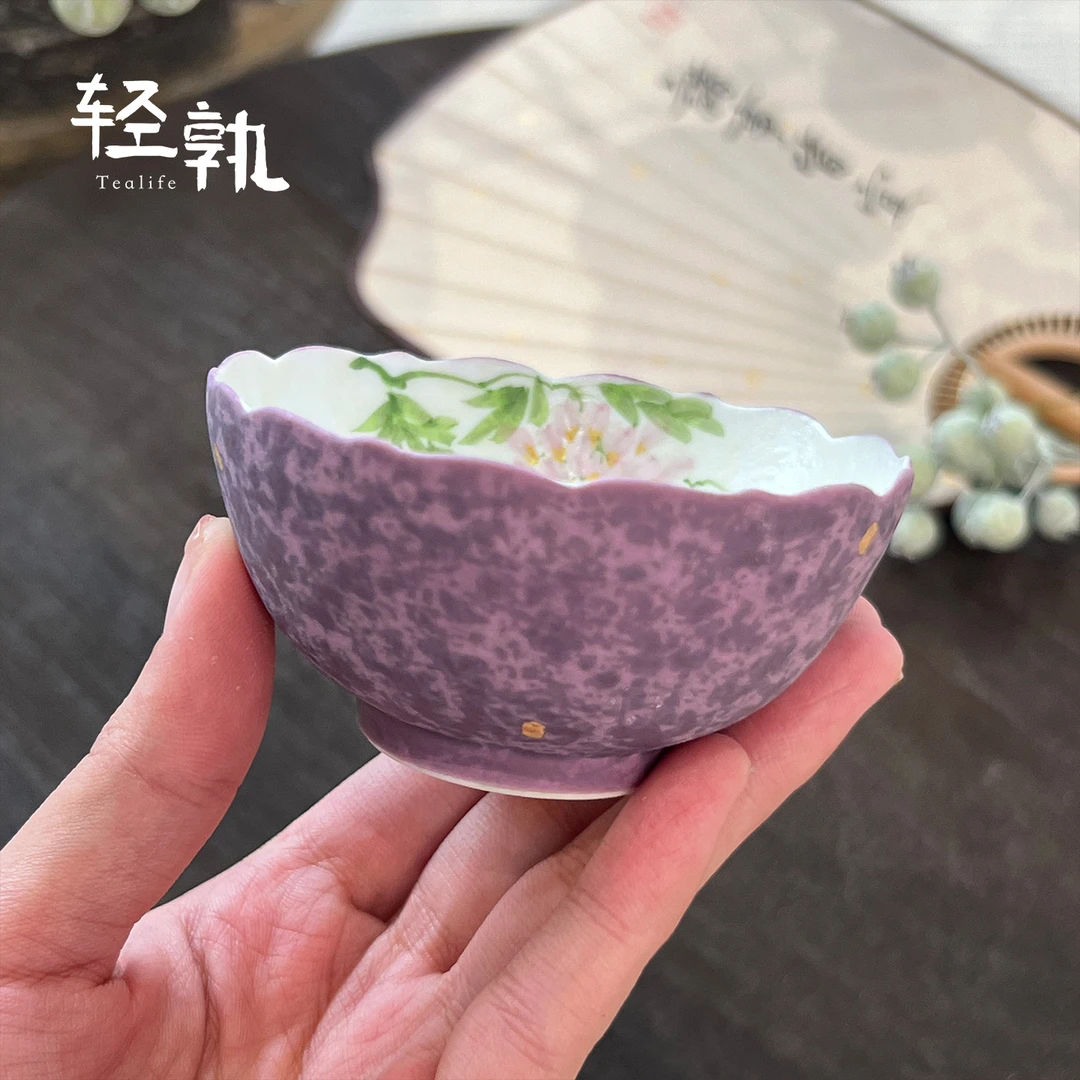 手绘木槿紫洒金茶杯普洱杯紫色不规则形状高颜值茶具品茗杯