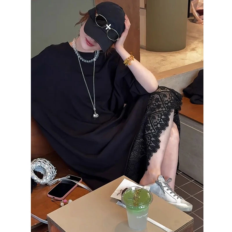 欧洲站2025夏季新款洋气百搭宽松中长款T恤女高腰半身裙纯色套装