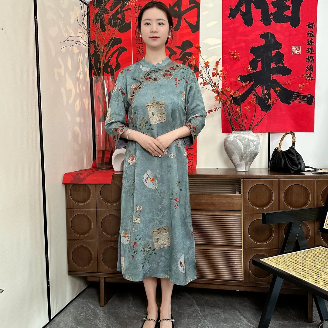 【一扇清风】新款万针刺绣气质盘扣提花复古连衣裙