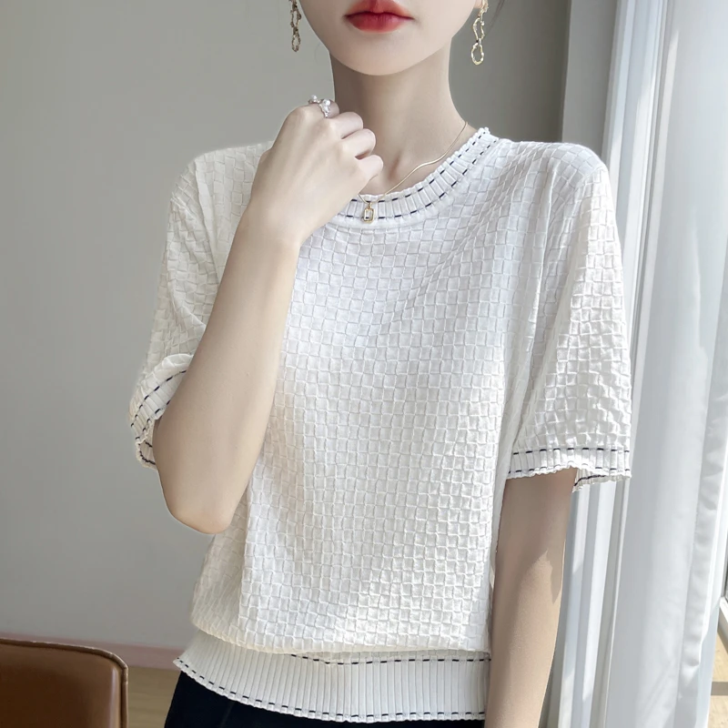 夏季轻薄清爽短袖宽松百搭显瘦针织短袖气质简约棋盘格圆领短袖女