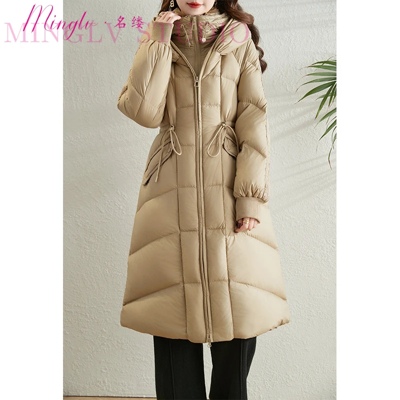 抽绳收腰羽绒服女2025冬季新款加厚保暖高品质显瘦长款过膝外套