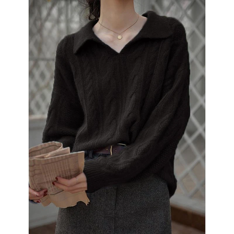法式复古紫红色v领针织衫春秋新款宽松慵懒风麻花毛衣女上衣外穿