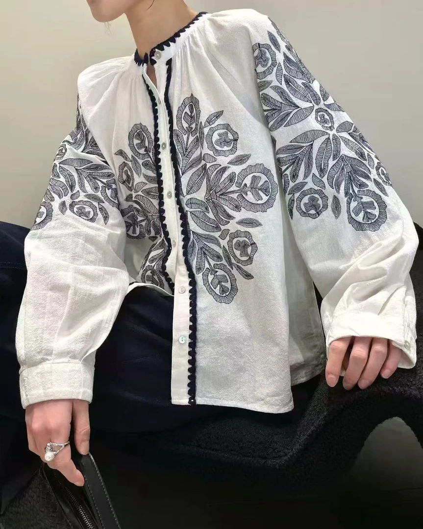 “贝壳绣”重磅立体绣花刺绣印花民族风衬衫 1673