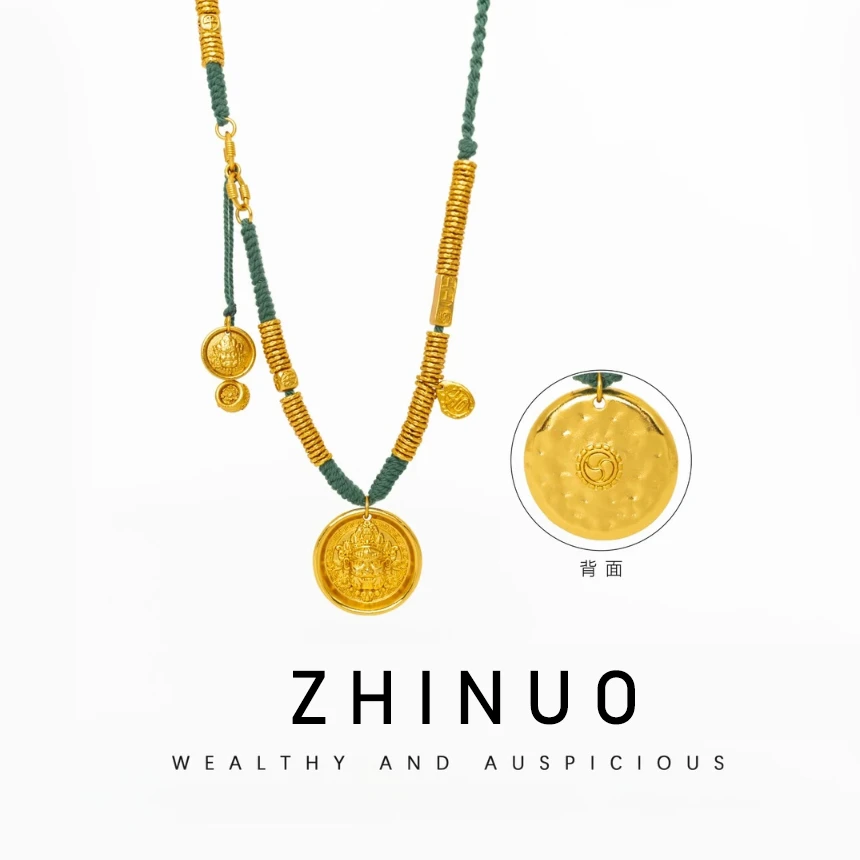 铜合金项链 吊坠 古法黄财盘缠项链 手工编制新中式绿绳毛衣链