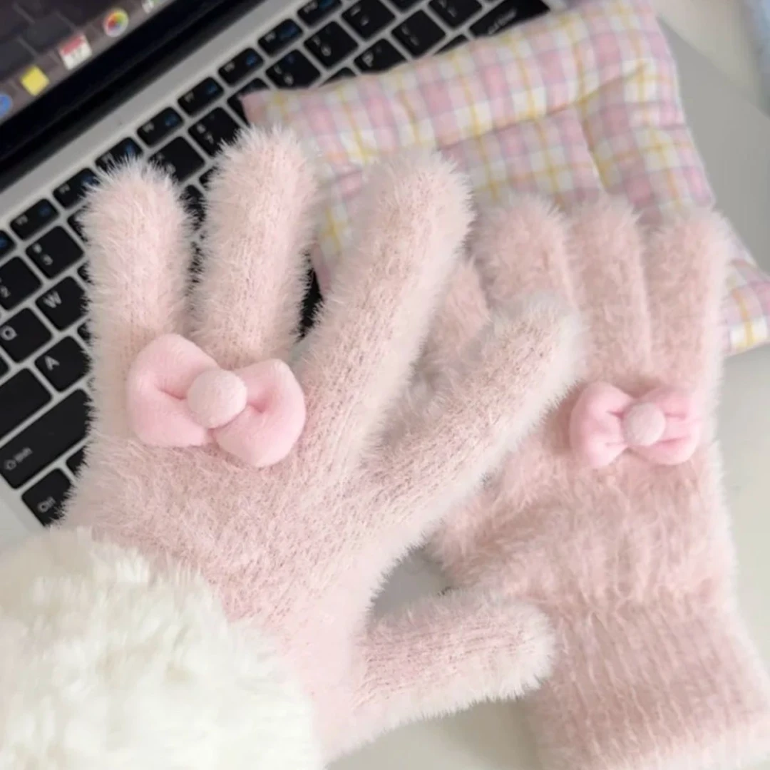 可爱蝴蝶结手套冬季保暖电动车摩托车骑行手套加厚毛绒学生防寒L