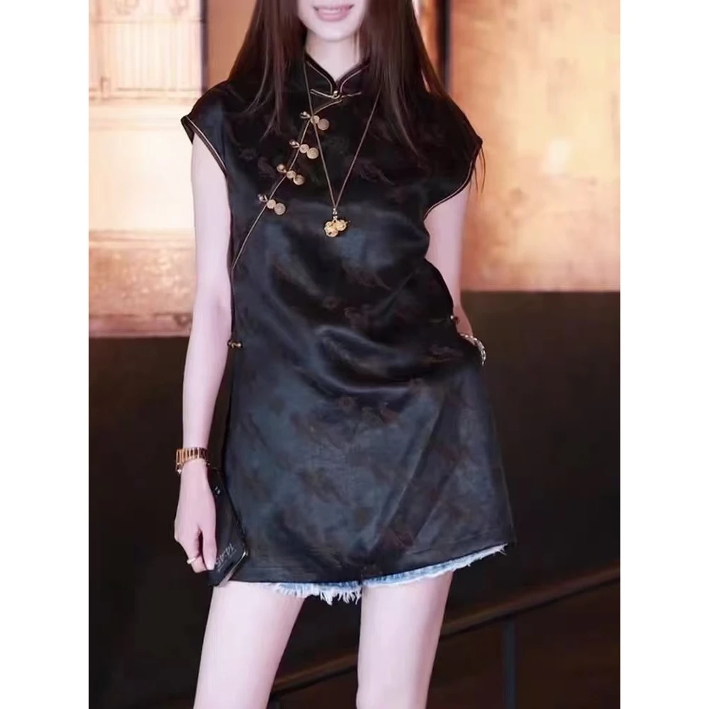 新中式大码国风衬衫女夏薄款2025新款盘扣中长款旗袍衫坎肩袖上衣