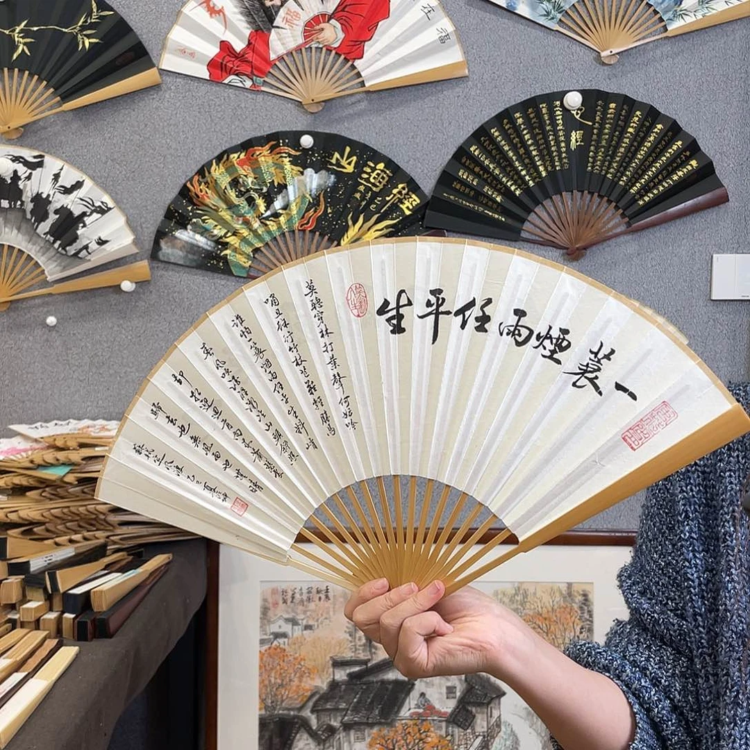 国画95寸玉竹-纯手绘-文玩扇骨（默认粘好）