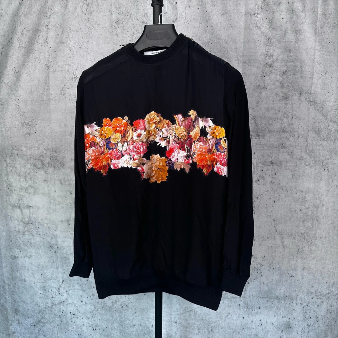 99新 Givenchy/纪梵希 秀款黑色印花桑蚕丝镂空金属拉链卫衣