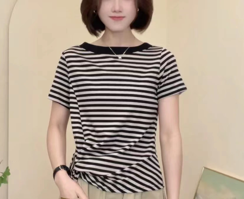 夏季新款圆领气质时尚短袖T恤显瘦减龄不规则百搭女士休闲小衫