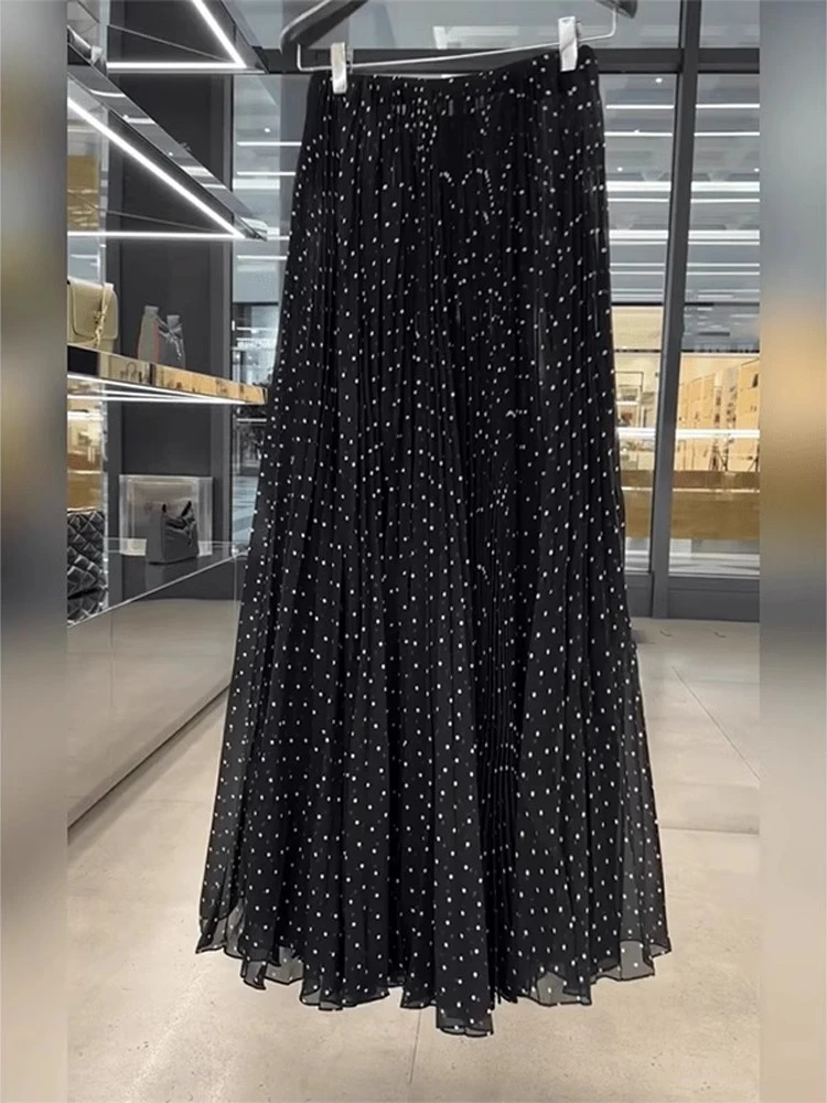 时尚复古大摆裙女2025春夏新款黑色波点半身裙高腰显瘦气质a字裙