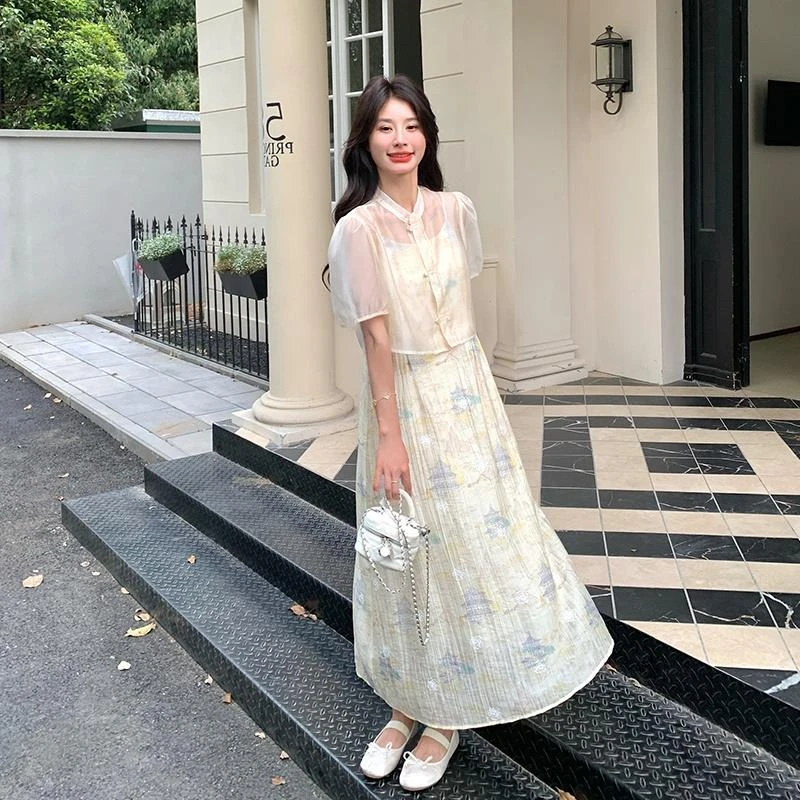 吊带套装两件套新中式国风盘扣改良旗袍2025年夏季吊带裙两件套女