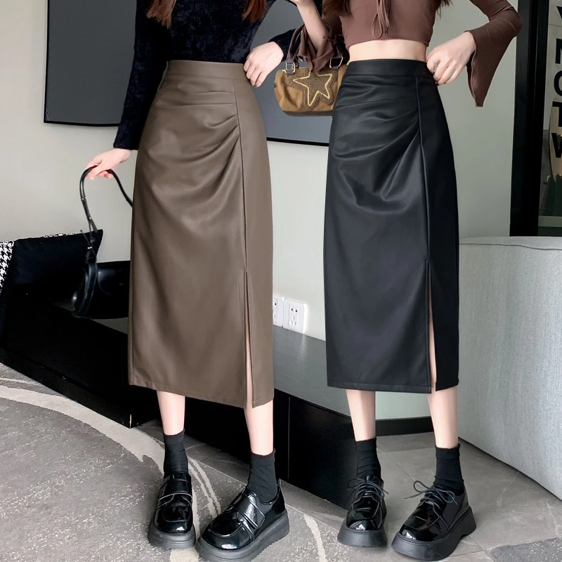 黑色复古皮裙半身裙2025秋季显瘦气质中长款高腰后开叉包臀裙裙子