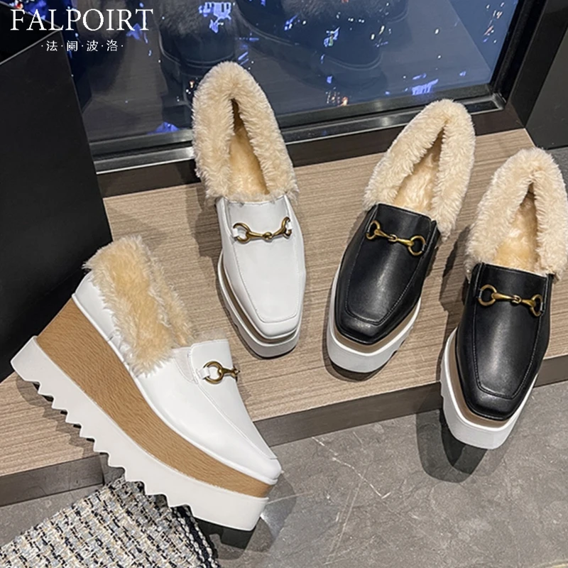 FALPOIRT真皮厚底毛毛鞋女2025冬季新款加绒保暖增高百搭松糕单鞋