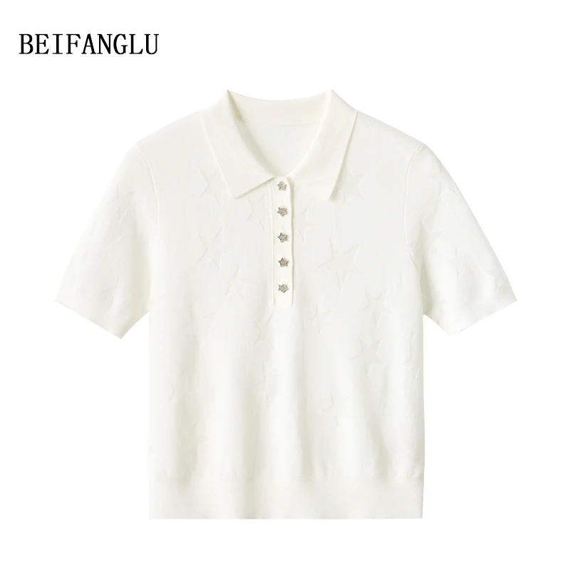 北方鹿【法式柜单】莱赛尔醋酯桑蚕丝夏季气质提花针织短袖M96X2145