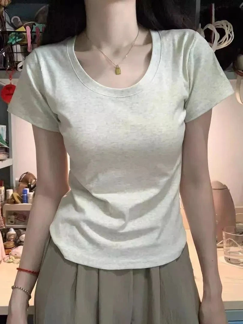 纯欲风大领口正肩短袖t恤女夏季新款百搭U领紧身短款打底衫