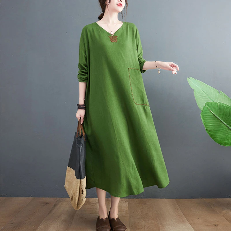 2025秋季新款女森系大码复古刺绣文艺长袖长裙减龄宽松连衣裙袍子