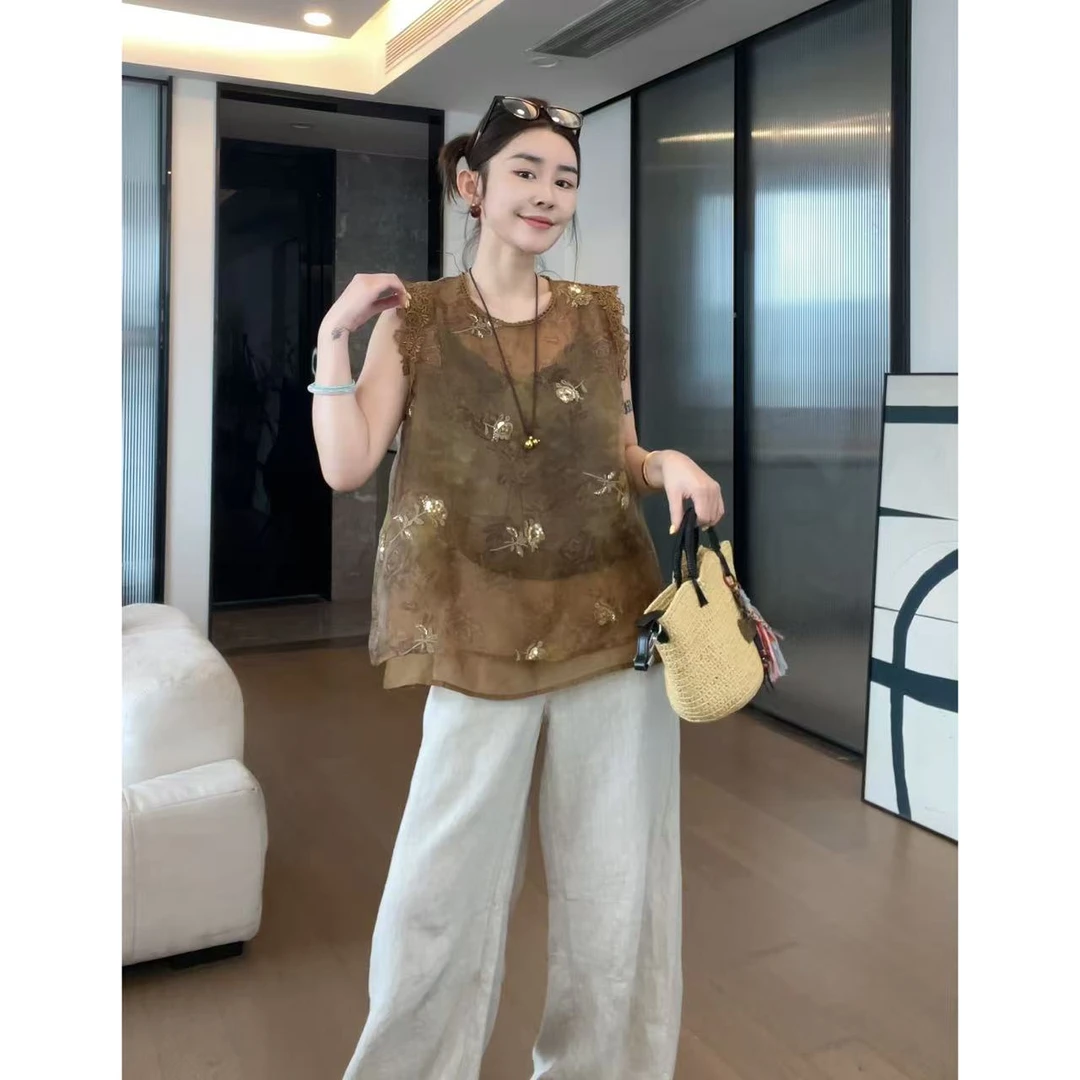 玖了个玖 2025夏 极简百搭新中式国风金丝玫瑰刺绣上衣 2506C3341
