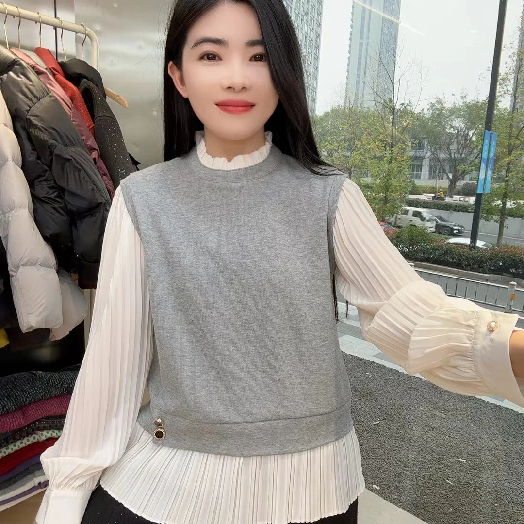 QC 252435 春款气质显瘦立领木耳边拼接假两件上衣