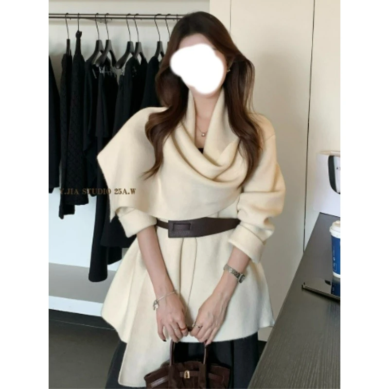 松弛氛围感围巾领气质慵懒针织开衫外套短外套(配腰带)