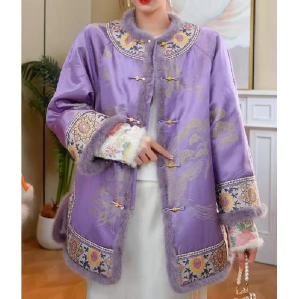 （紫气满堂）毛领新中式冬款毛领重工刺绣外套2024D1158四月