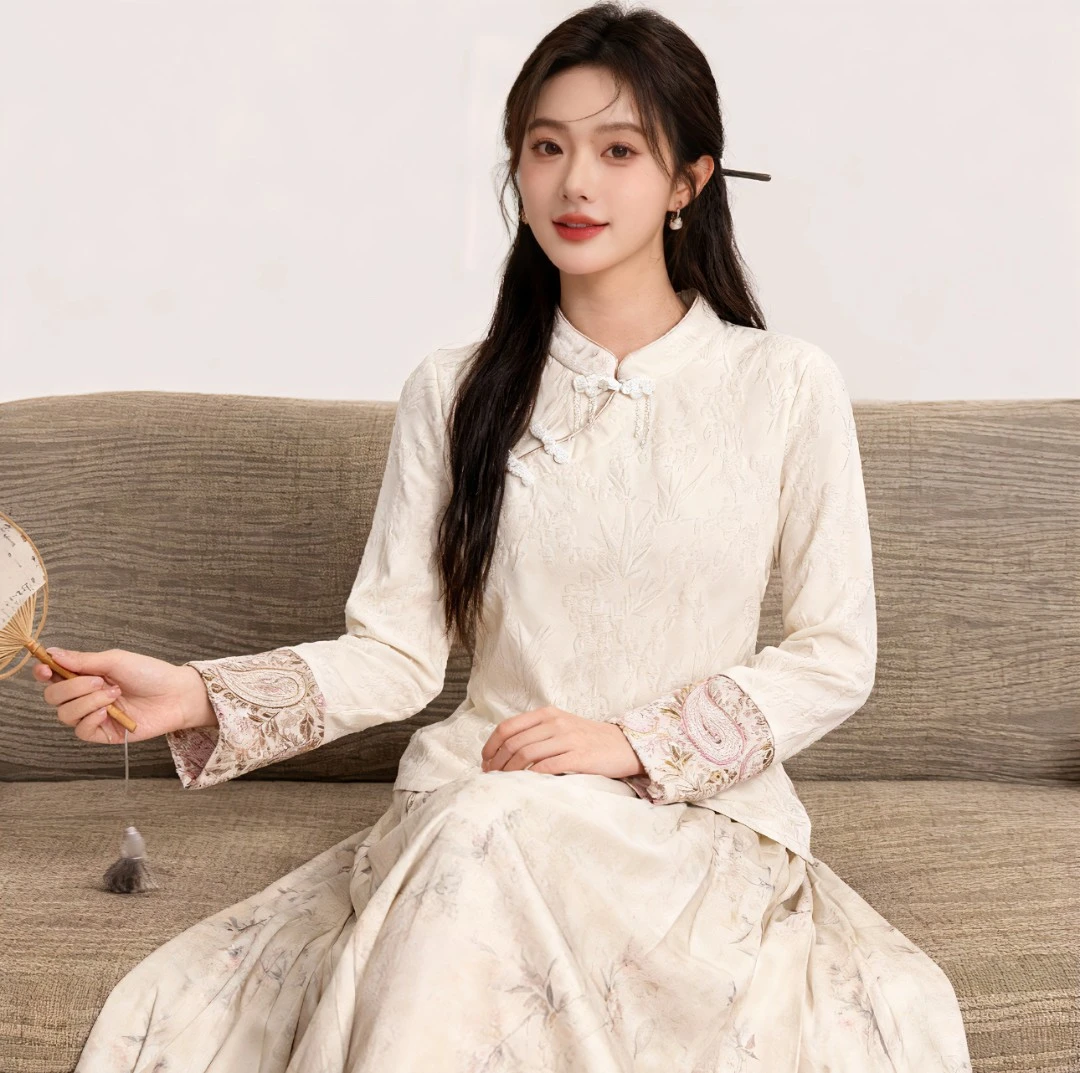 2025+2中式加绒国风提花时尚气质衬衫百搭上衣长袖小衫打底