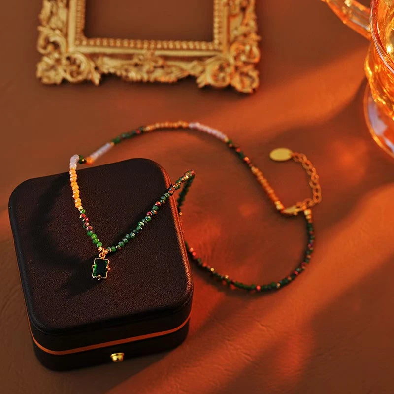 铜合金项链 b075---经典百搭小方糖绿色项链