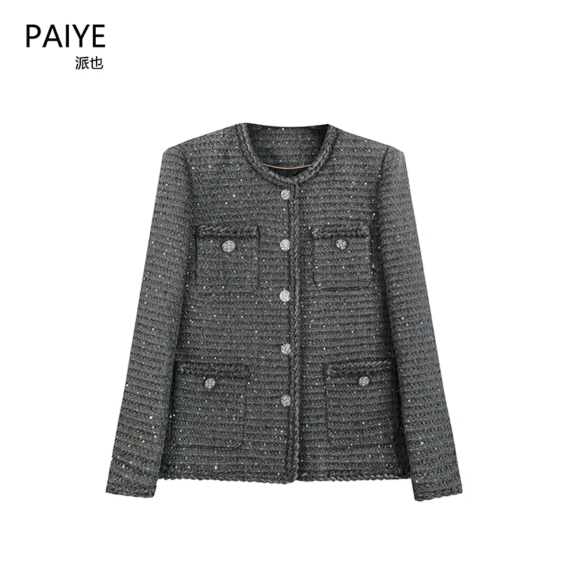 灰色小香风羽绒服女冬2024新款高级感法式复古粗花呢子外套A72090