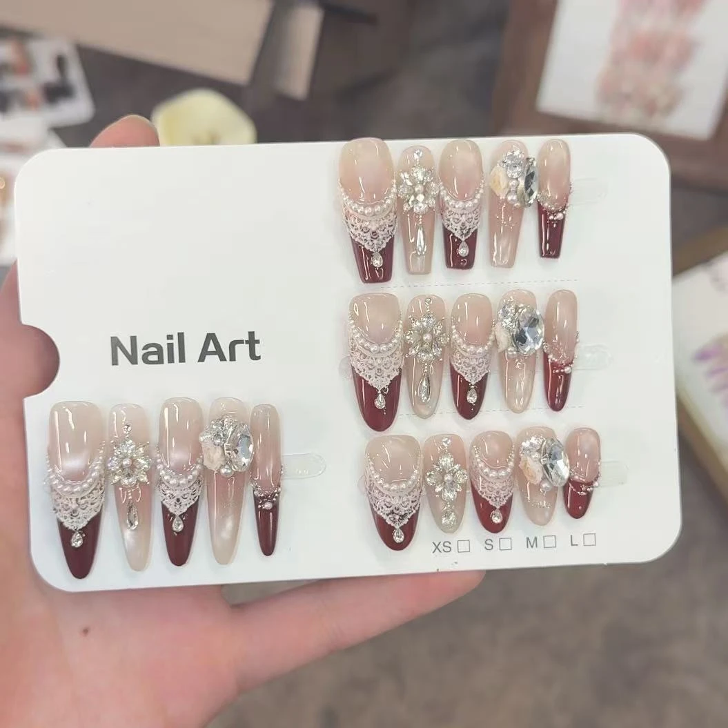 红妆--高级纯手工穿戴甲锆石钻设计显白气质可重复佩戴穿戴甲