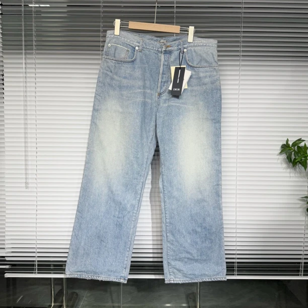 99新 DIOR/迪奥 刺绣logo皮牌 格纹内衬 水洗 牛仔长裤 34码 a474