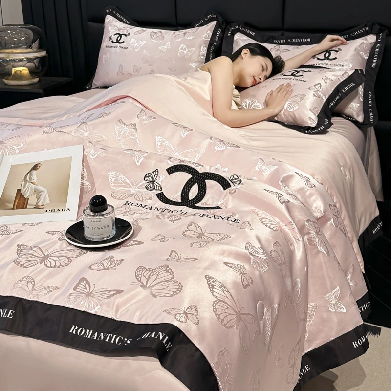 夏凉被四件套空调被纯色夏季床单床上裸睡夏被冰丝薄被子贡缎提花