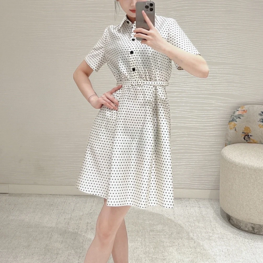 99新 DIOR/迪奥 tem352 满印波点尖领中长款短袖连衣裙 36码 真丝