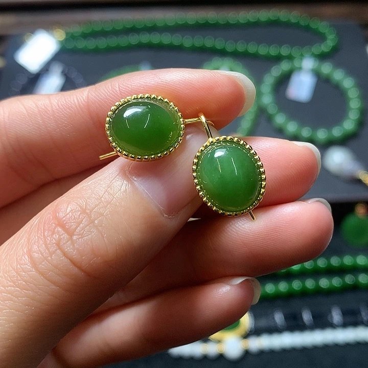 和田玉耳饰银S925镶嵌*️