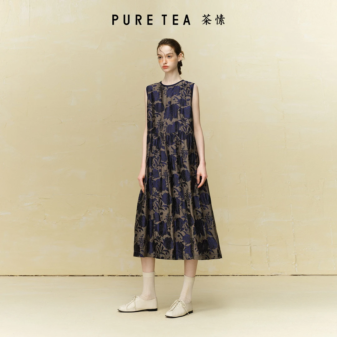 【商场同款】茶愫艺术感连衣裙女蓝晒提花背心裙早秋新品TD2201C31